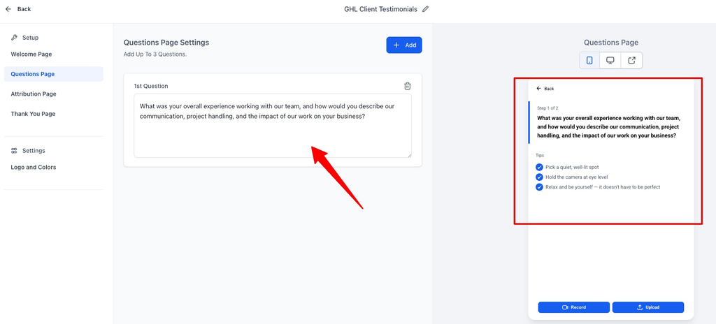 Configure the Questions Page How to Collect Video Testimonials with GoHighLevel