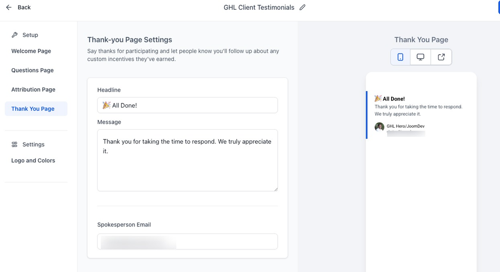 Thank you Page How to Collect Video Testimonials with GoHighLevel